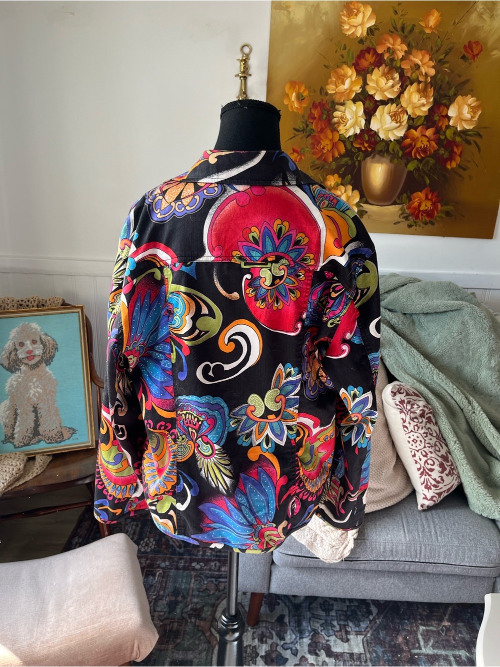 Women’s Vintage Chicos Vibrant Multicolor Paisley Print on Black Shirt Top M - Picture 4 of 6